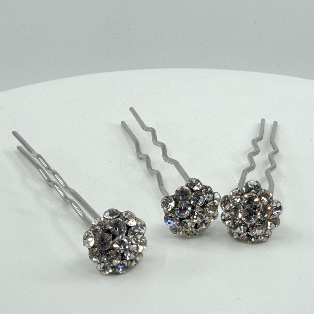 Rhinestone Flower Hair Pins Set of 3 Silver Tone Bridal Wedding Prom Bohemian